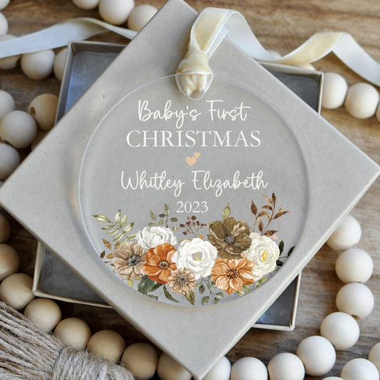 Baby's First Christmas Ornament - Boho Floral Acrylic Ornament