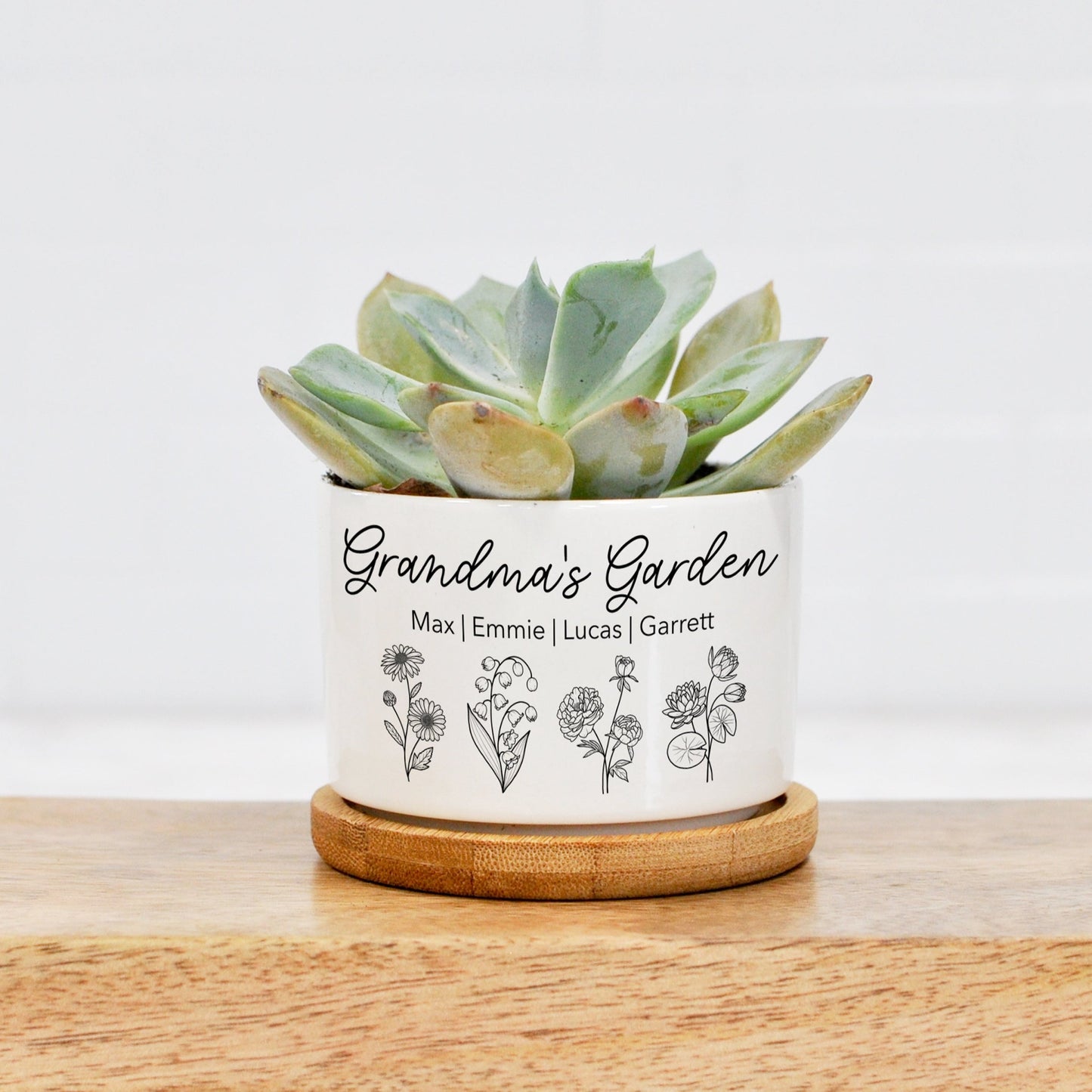 custom printed mini white ceramic succulent planter, grandmas garden with birth month flowers for each grandchild.