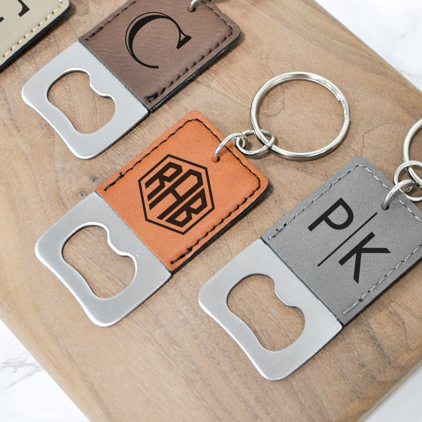 engraved leatherette keychain bottle openers