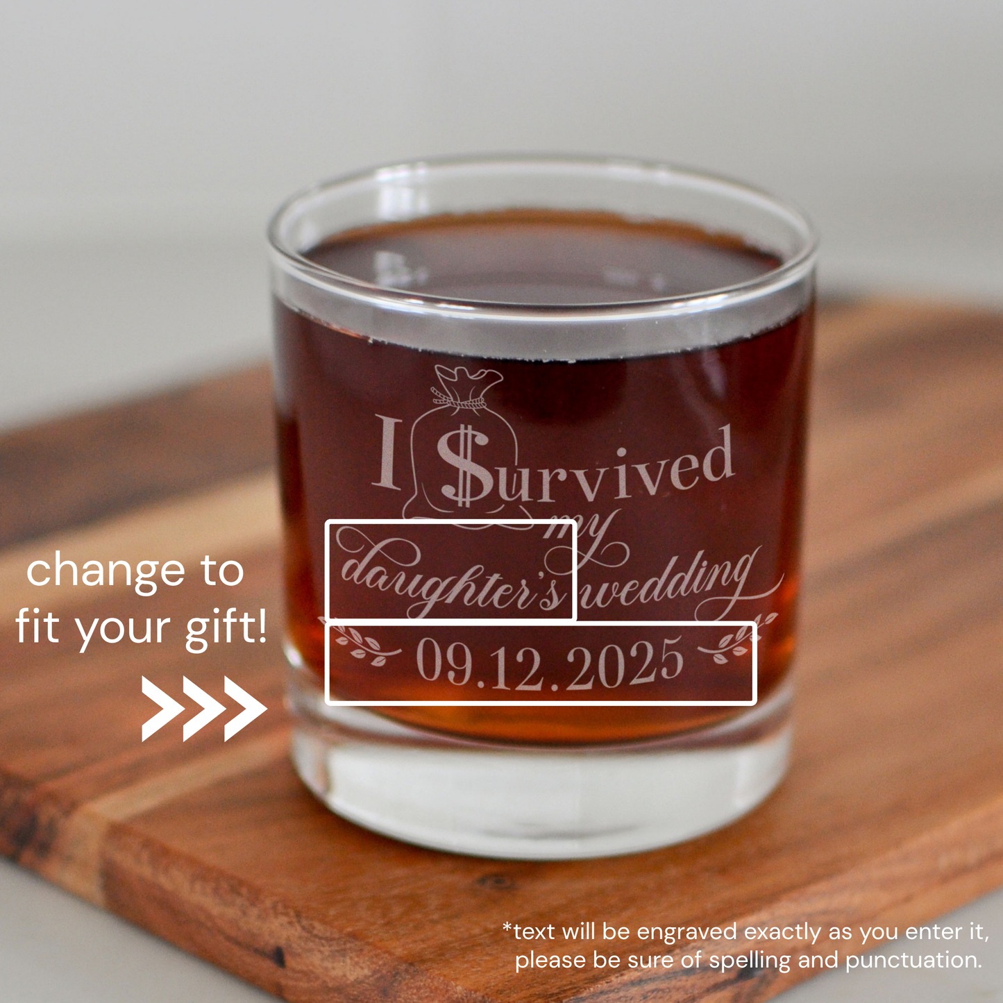 I Survived My Daughter's Wedding Whiskey Glass, Personalized Engraved Father of the Bride Gift, Custom Rocks Glass from Daughter