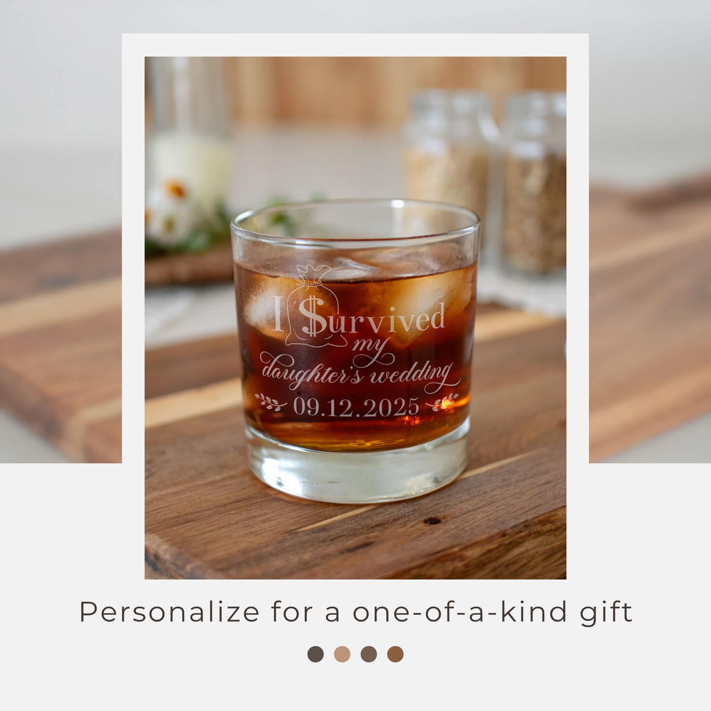 Glass filled with a brown liquid on a wooden surface, with text 'I Survived my daughter's wedding 09.12.2025'.
