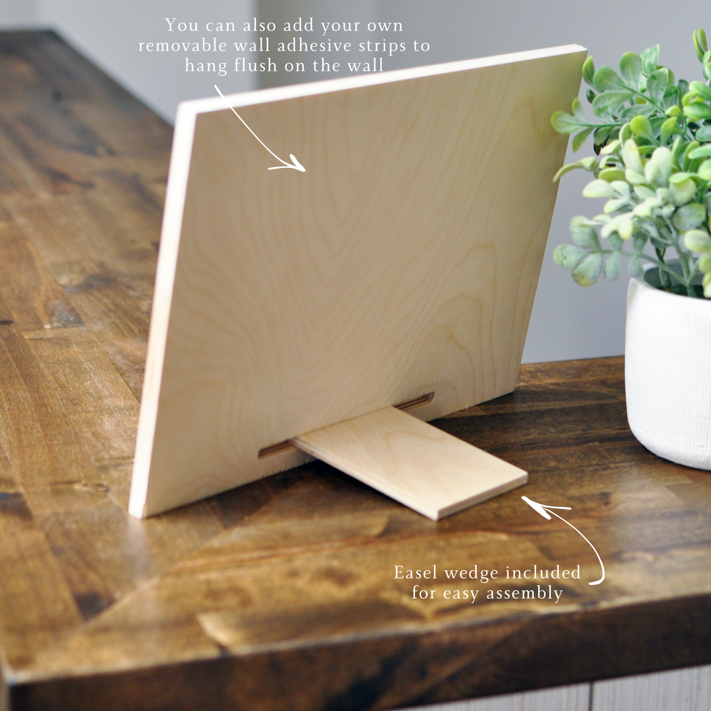 Wooden easel on a wooden surface with text indicating features and assembly instructions.