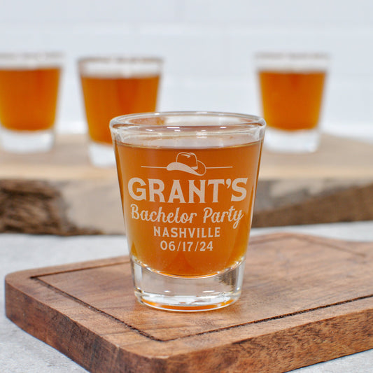 Personalized Western Shot Glass | Engraved Bachelor Party Favor