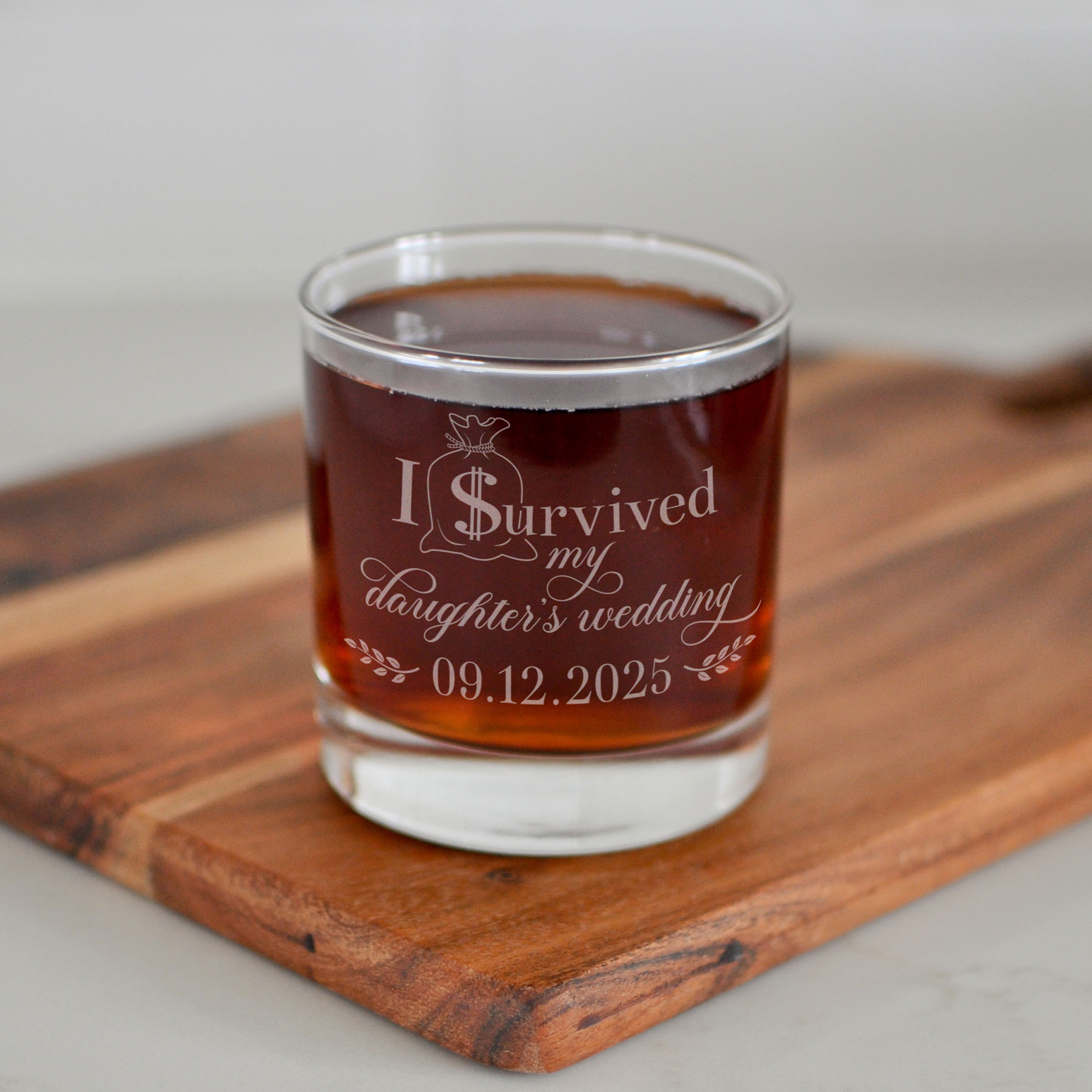 I Survived My Daughter's Wedding Whiskey Glass, Personalized Engraved Father of the Bride Gift, Custom Rocks Glass from Daughter