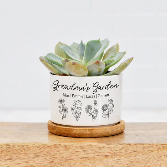 custom printed mini white ceramic succulent planter, grandmas garden with birth month flowers for each grandchild.