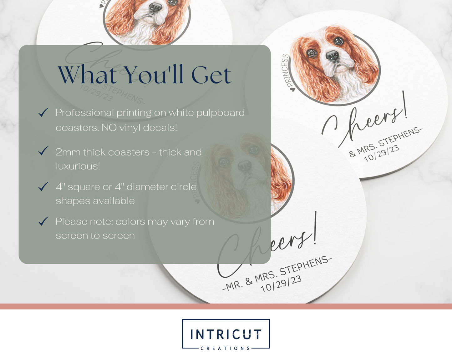 what you'll get: professional color printed pulpboard coasters, 4'' square or circle options available, please note, colors may vary from screen to screen