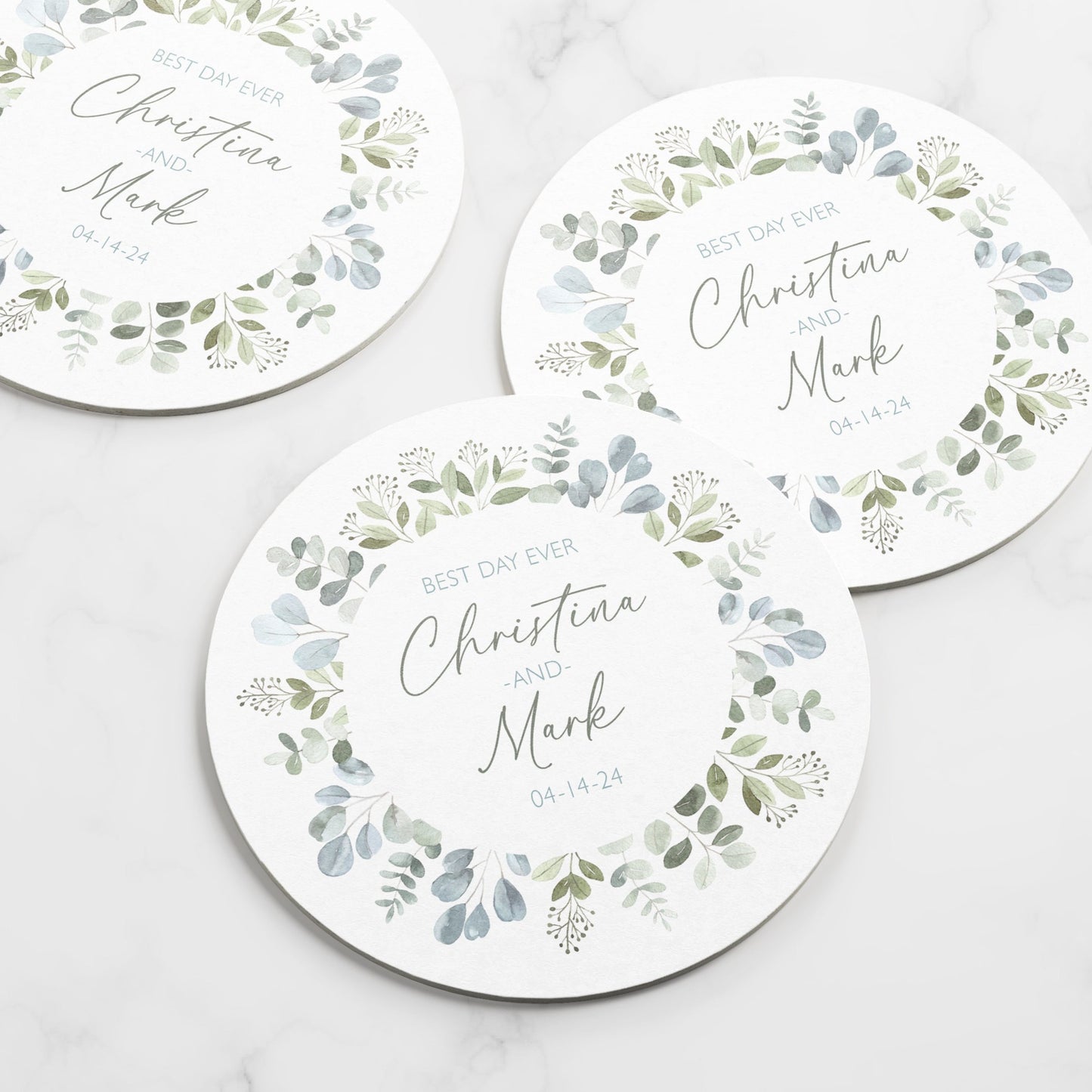 rustic eucalyptus coasters, best day ever, name and date