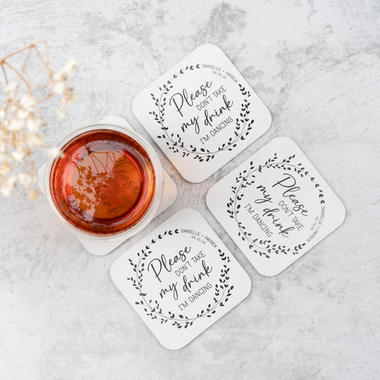 Drink Cover Wedding Coasters | Don't Take My Drink I'm Dancing