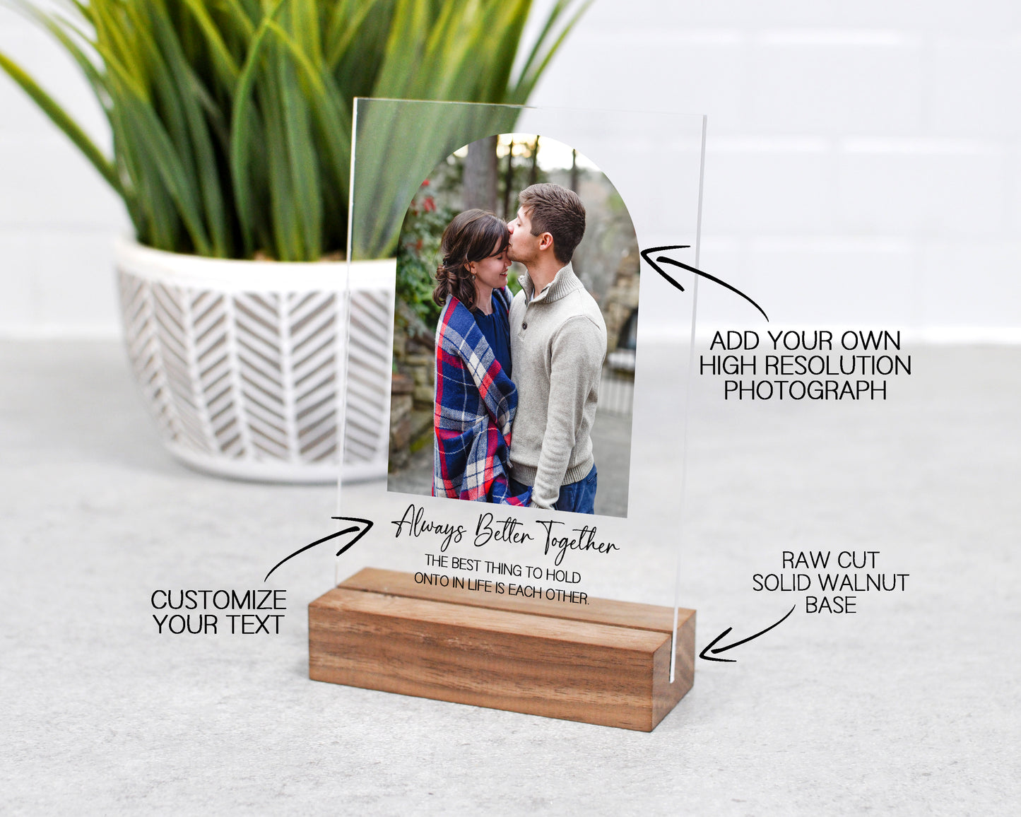 customize your text, add your own high resolution photograph, and add optional raw cut solid walnut base
