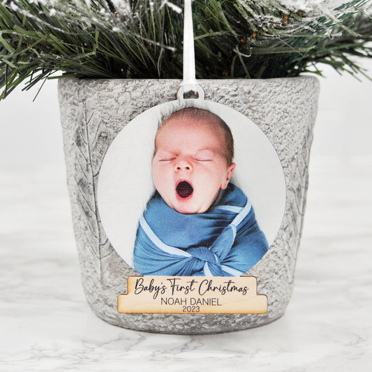 babys first christmas wood snowglobe photo ornament