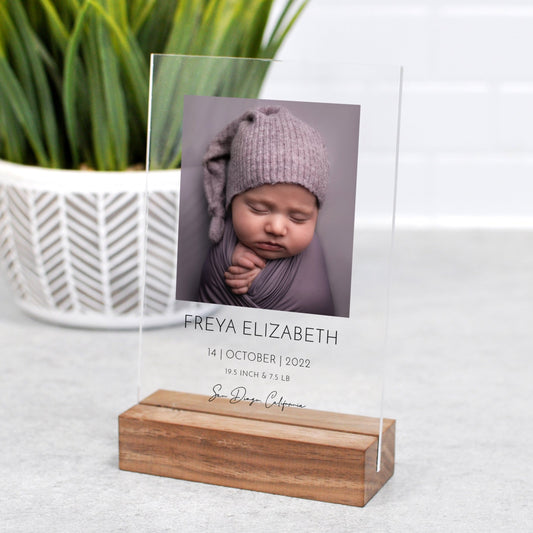 custom photo baby announcement printed on clear acrylic
