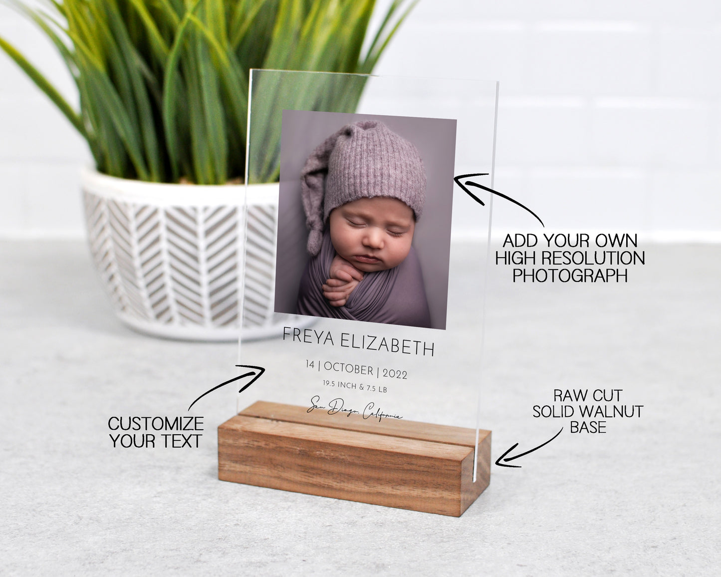 customize your text, add your own high resolution photo, add optional raw cut solid walnut base