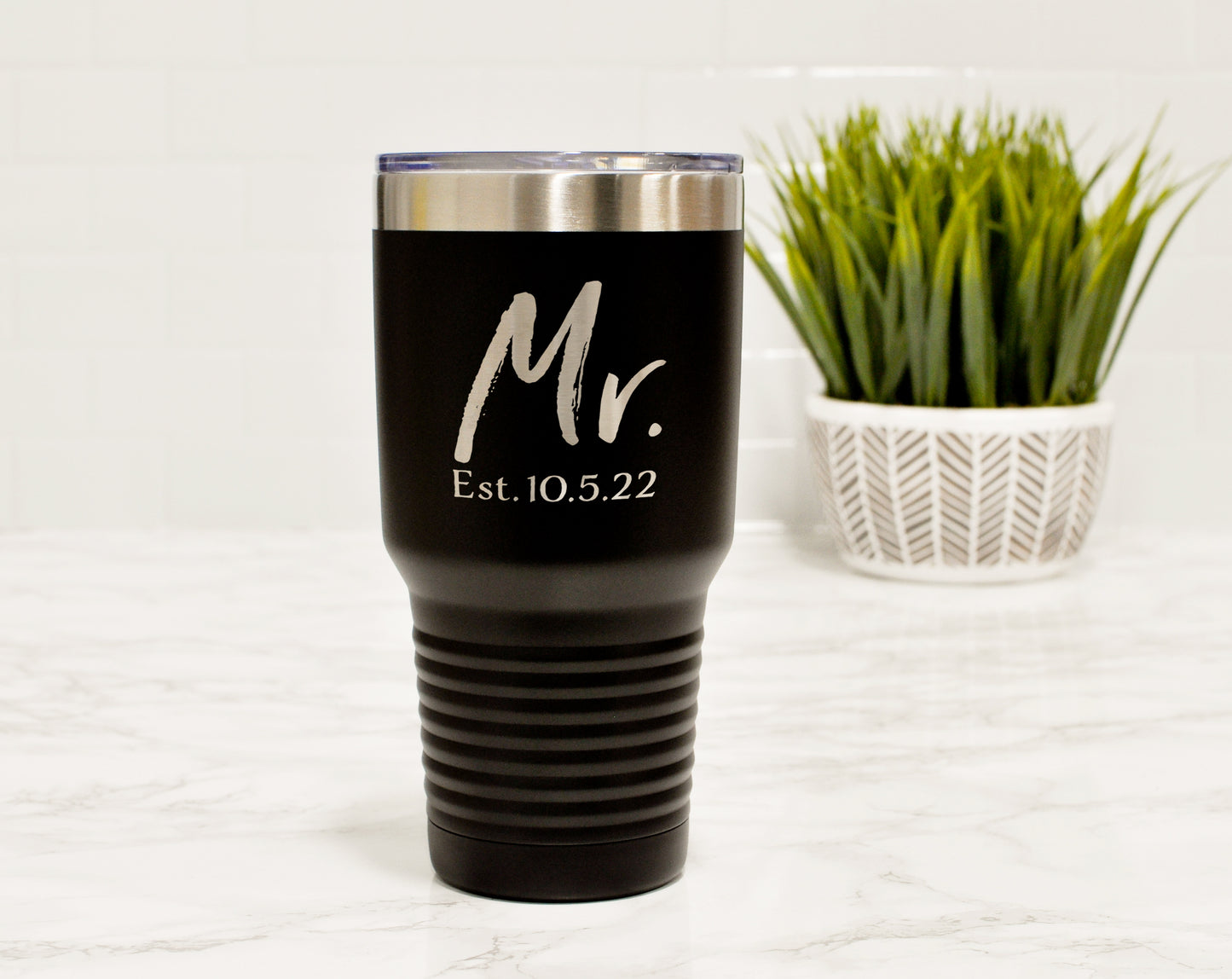 Mr black engraved tumbler with date