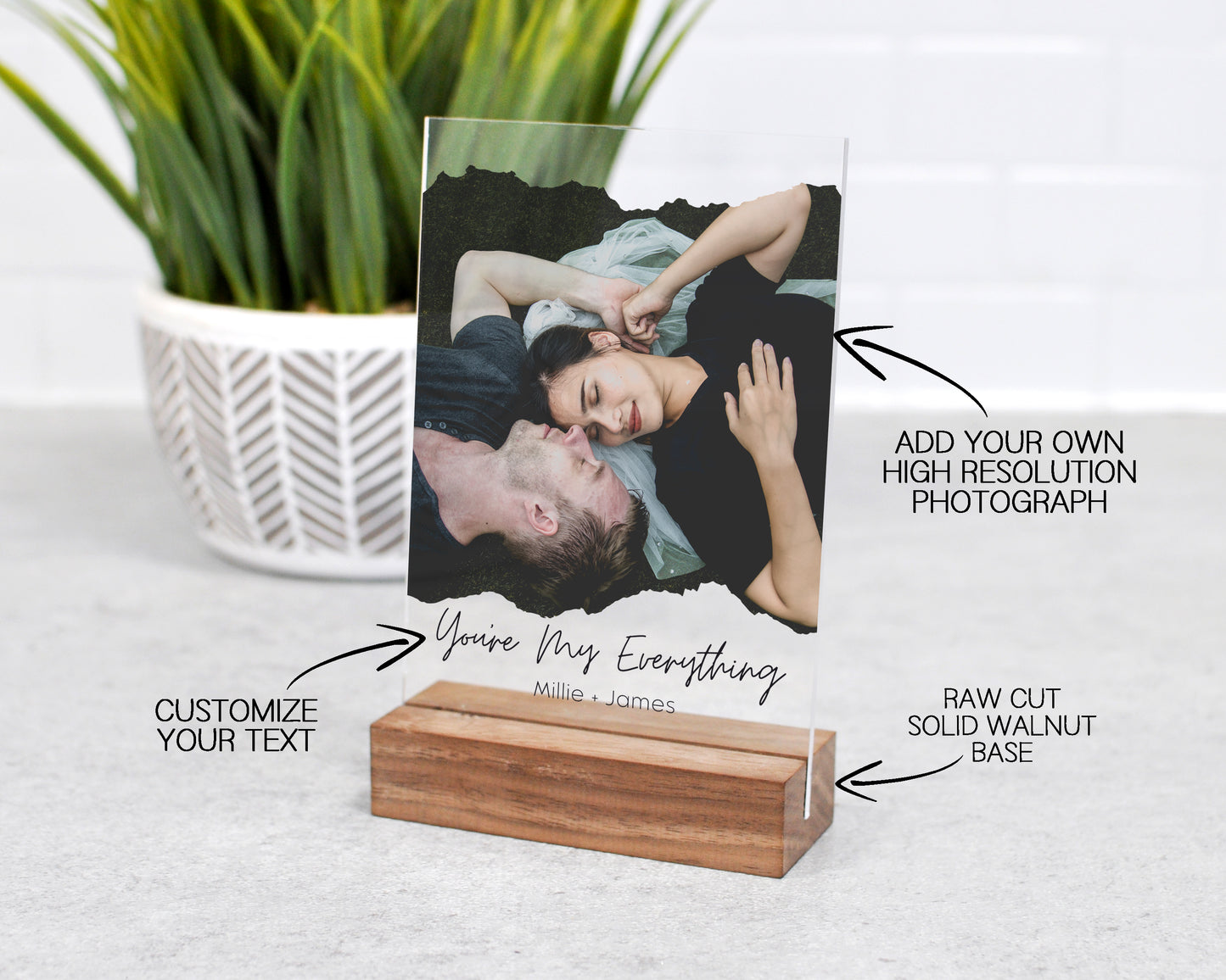 customize your text, add your own high resolution photograph, upgrade to add solid walnut base