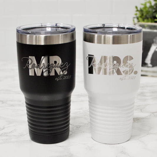 White and black mr mrs 30 oz tumblers with wording overlay