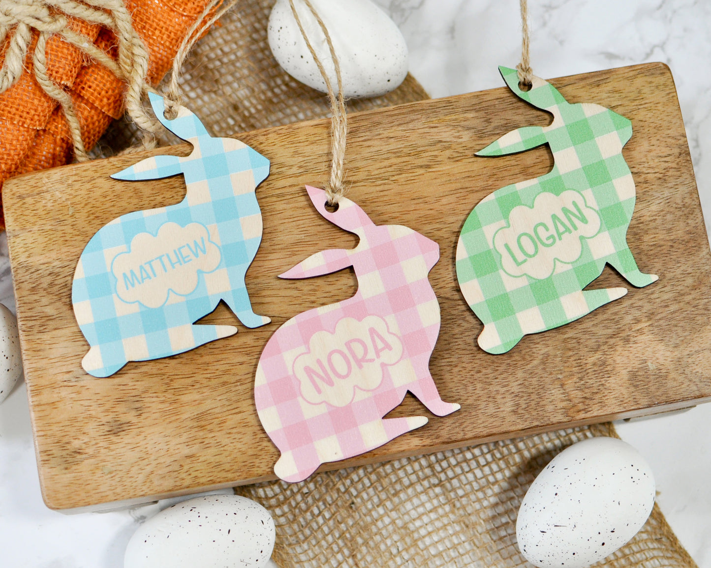 pink blue and green plaid bunny tags