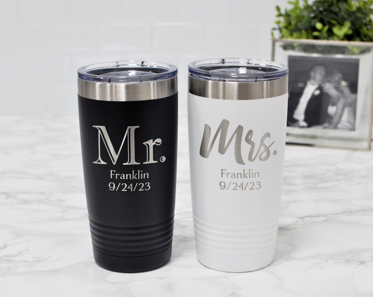 black and white mr mrs tumblers engraved with name and date