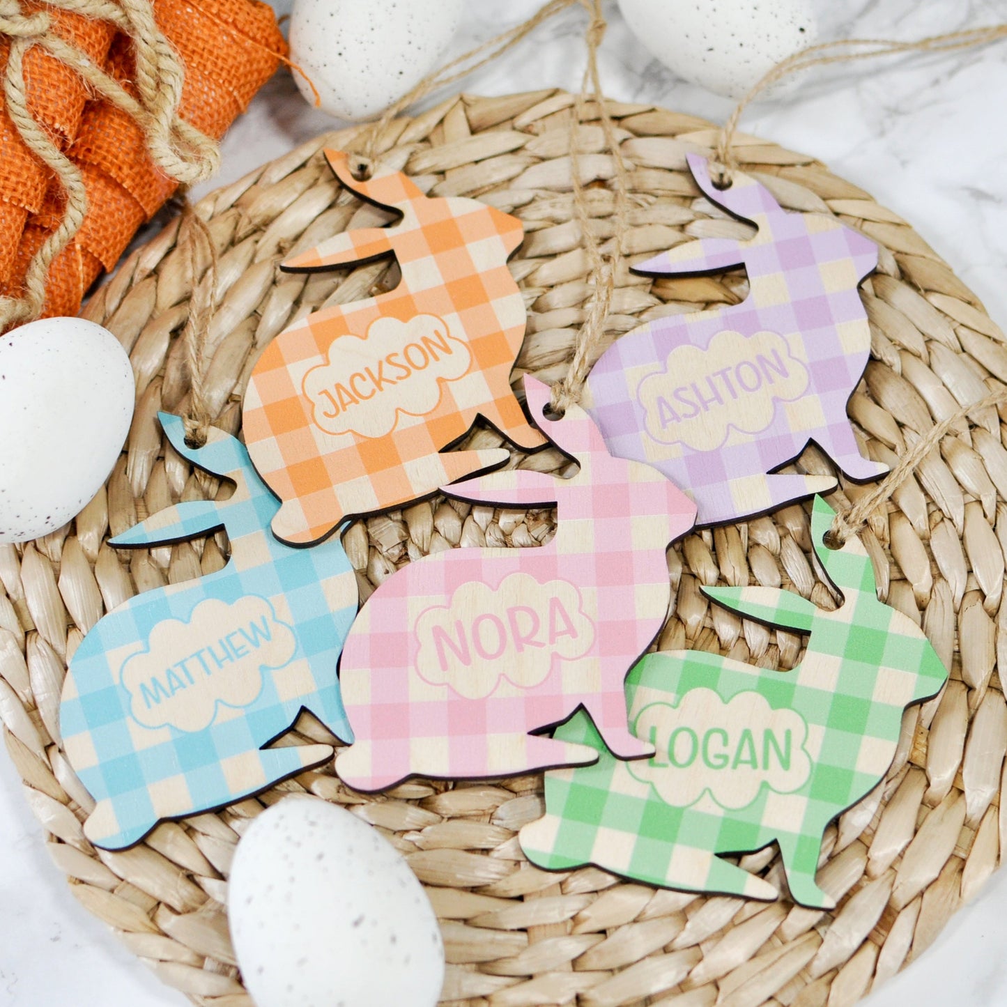 wood plaid easter bunny basket name tags