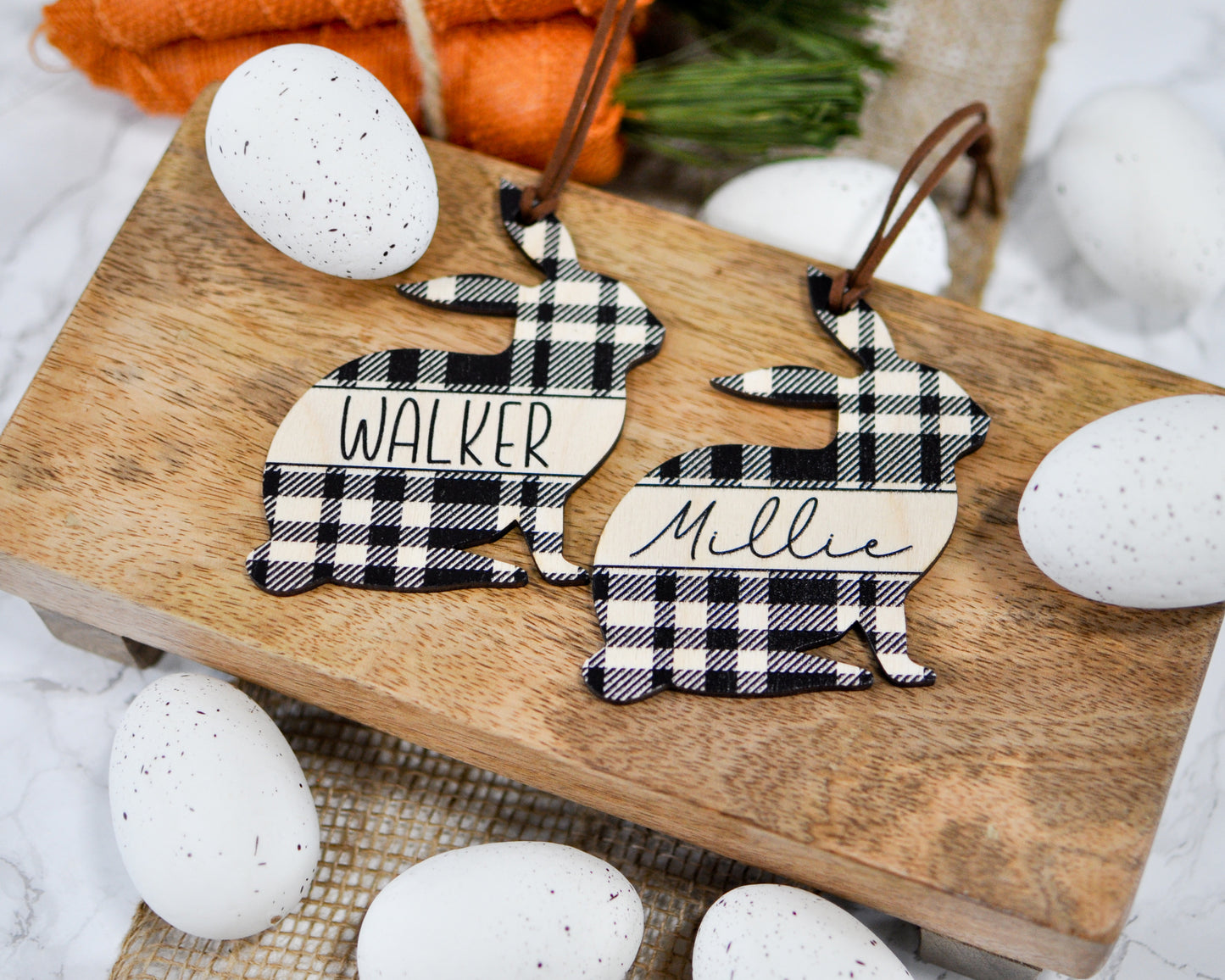 wood black plaid bunny name tags with brown suede cord