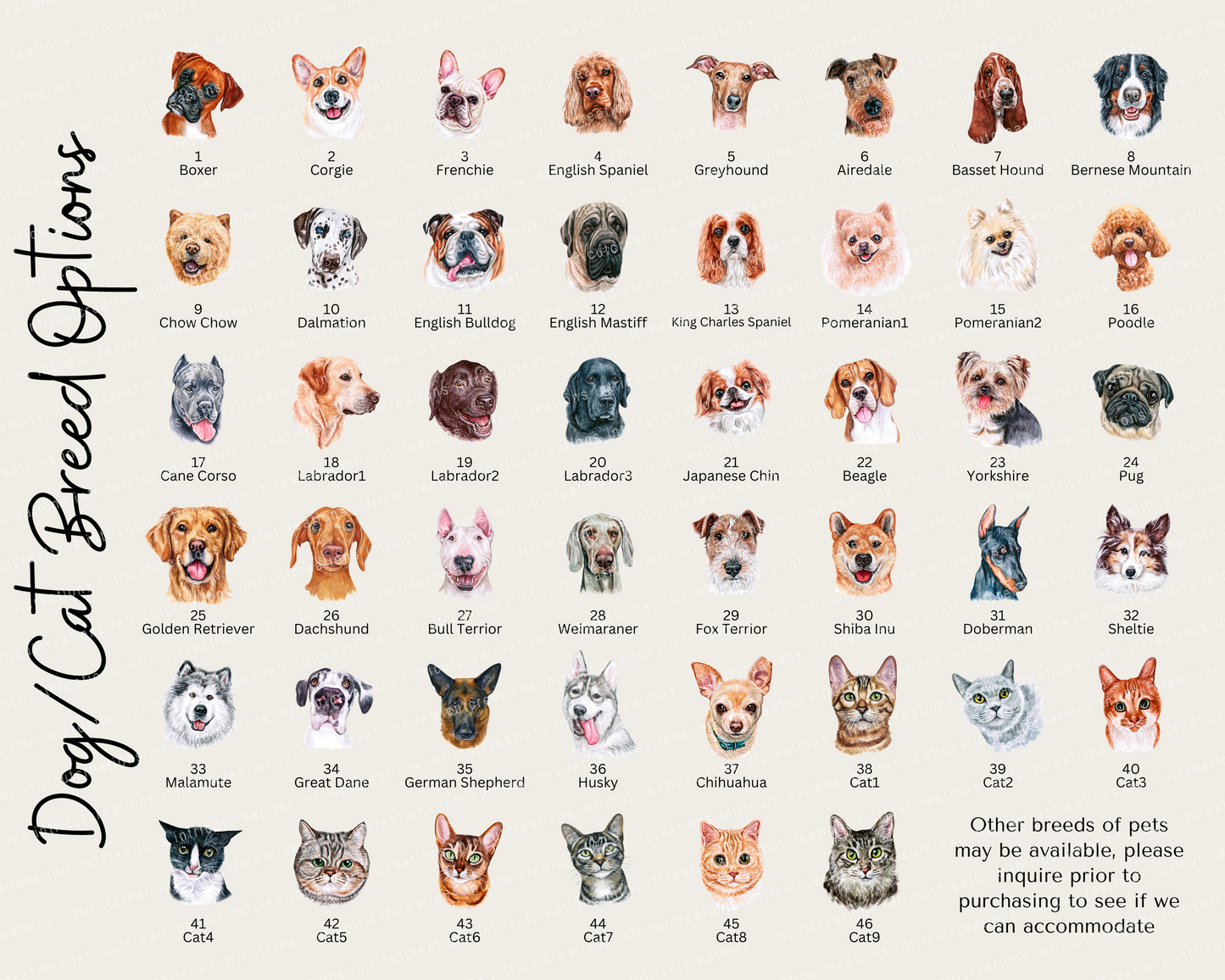 46 dog and cat breeds, artwork colors cannot be changed