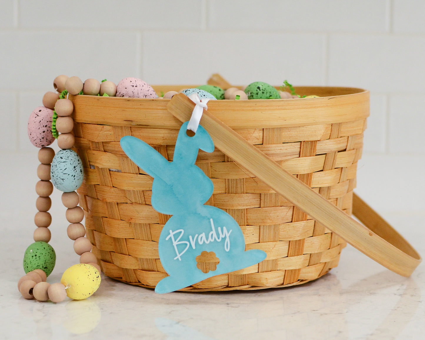 blue watercolor teal bunny easter basket tag name