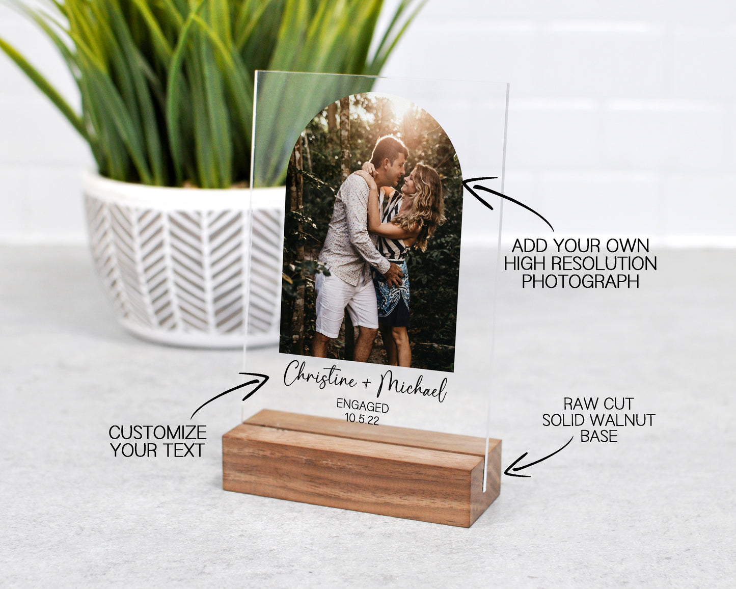 add your own high resolution photograph, raw walnut base, customize your text