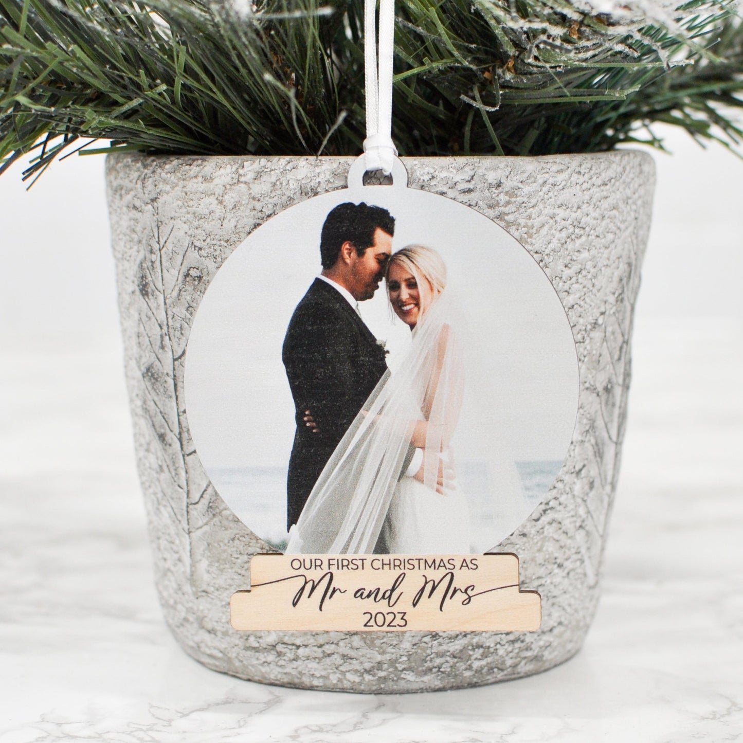 our first christmas as mr and mrs wood snowglobe shape ornament