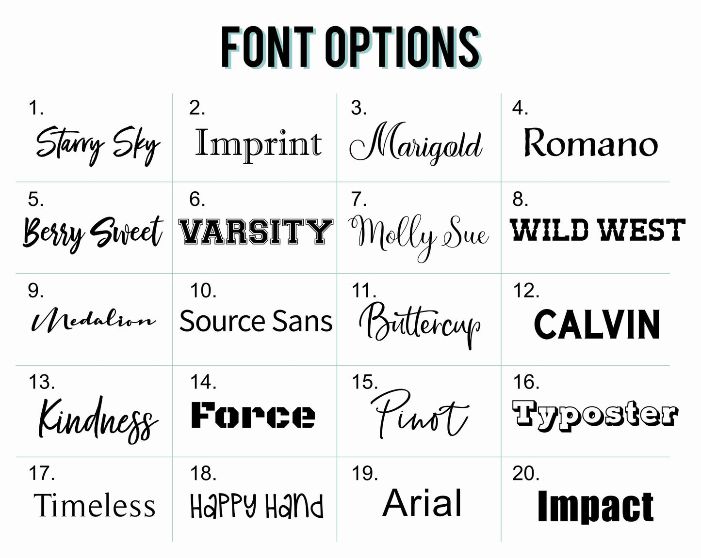 font list of 20 fonts