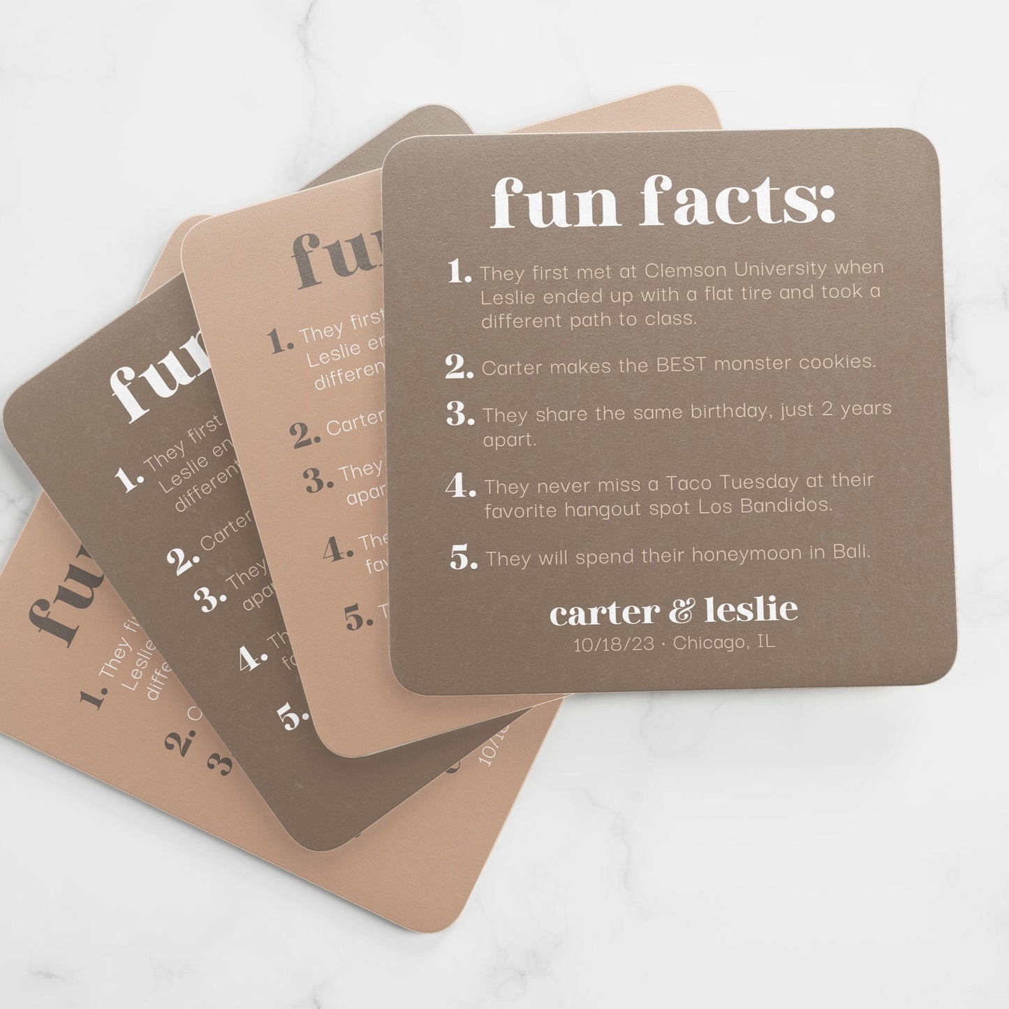 custom printed 5 fun facts wedding coasters