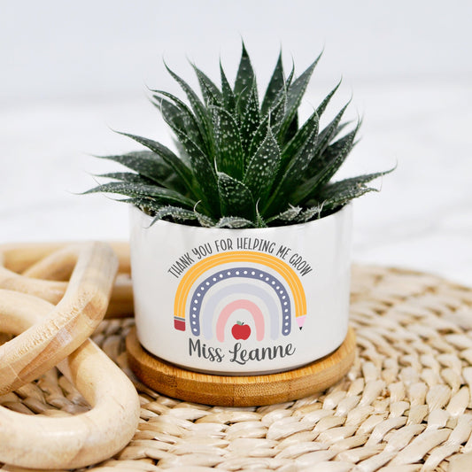 mini ceramic planter with teacher rainbow design printed