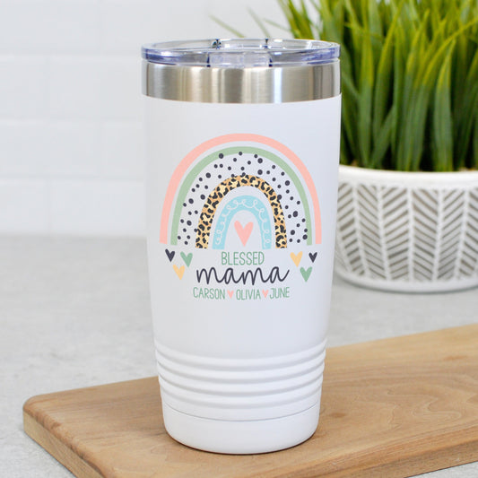 blessed mama tumbler with rainbow and optional names